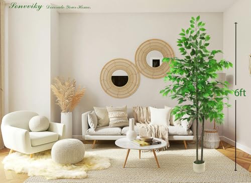 Artificial Ficus Tree 6ft, Fake Trees for Home Office Decor, Realistic Silk Leaves & Resin Trunk, Indoor Potted Plant for Living Room, Hotel, Lobby, No-Maintenance Needed - Image 3