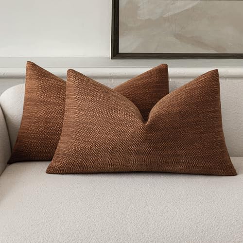 Image of Foindtower Set of 2 Decorative Textured Burlap Linen Throw Pillow Covers Farmhouse Boho Lumbar Cushion Cover Solid Accent Pillowcase for Couch Sofa Living Room Home Decor,12x20 Inch,Dark Rust Brown