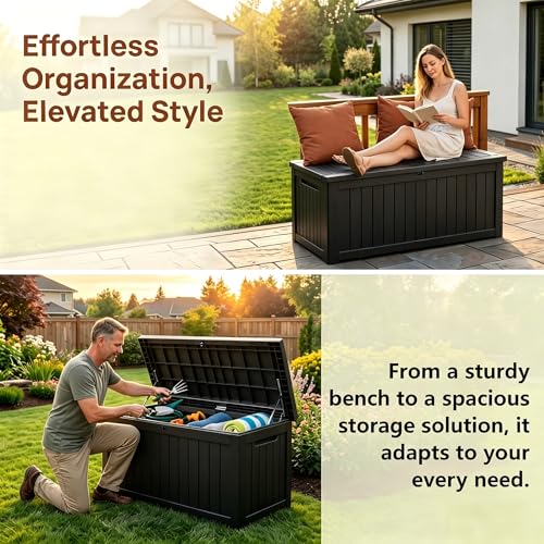 Image of Large 258 Gallon Resin Deck Box, Heavy Duty Lockable Patio Storage Box Outdoor, Waterproof Tool Box for Garden Furniture Cushions & Pool Supplies, Wood Grain Outdoor Storage Bench for Backyard