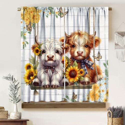 Image of Rural Cattle Curtains, Vintage Funny Highland Cow Wooden Swing Plank Boho Sunflower Floral Butterfly Pattern Window Treatments, Blackout Rod Pocket Drapes For Living Room Bedroom Bathroom 42x45in