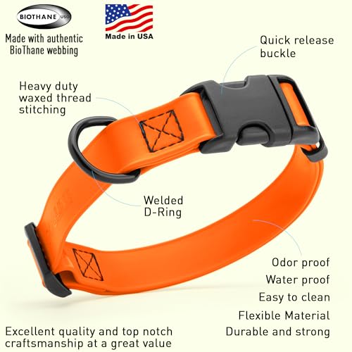 Image of Dogline Biothane Waterproof Dog Collar with Quick Release Buckle Strong Coated Nylon Webbing with Odor- Proof for Easy Care Easy to Clean Fits Small Medium Large Dogs, Orange 5 /8 inch W 9-14 inch L