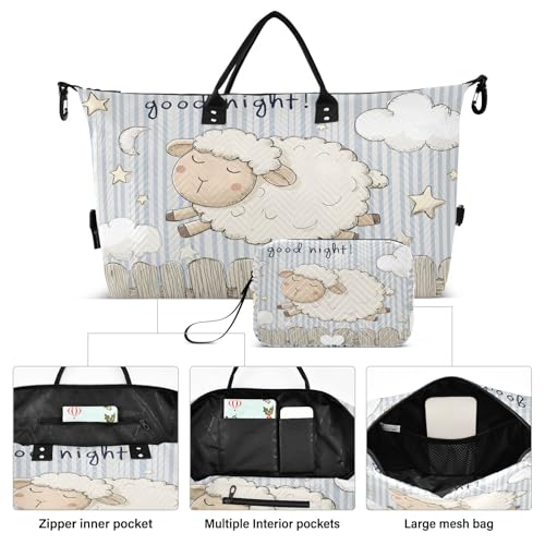 Weekender Bags Travel Duffel Gym Bag Cute Cartoon Vector Illustration Of Sheep Jumping over The Fence with Good Night! Write It in A Sim Carry on Overnight Tote Bag with Toiletry Bag for Airplane Tra2