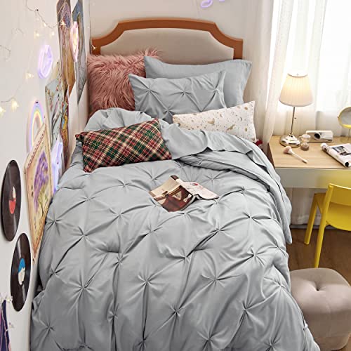 Image of Bedsure Twin Comforter Set Grey - Bed in a Bag Twin Size Bedding 5 Pieces, GentleSoft Pintuck Bed Set Gift for Family, All Season Down Alternative Comforter with Sheets, Pillowcase & Sham
