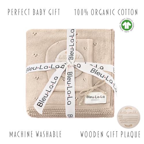Image of Baby Gift Set - Organic Cotton Newborn Blanket Essentials, Thoughtful Baby Shower & New Baby Gift for Boys & Girls (Pointelle - Oatmeal)