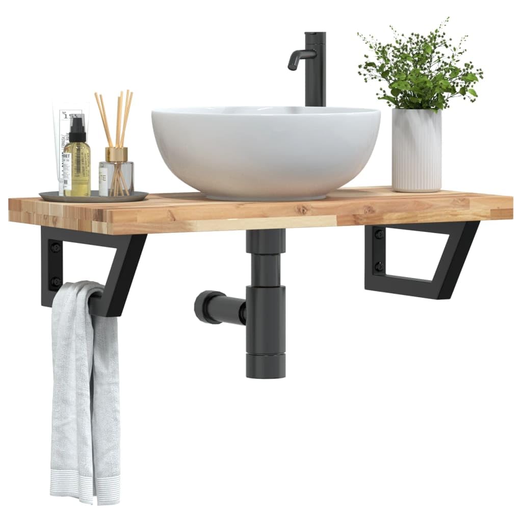Estantería para lavabo de pared de acero y madera maciza de acacia, 60 x 40 x 4 cm, con soportes trapezoidales, ahorra espacio para baño, aseo de invitados, cosméticos y almacenamiento de
