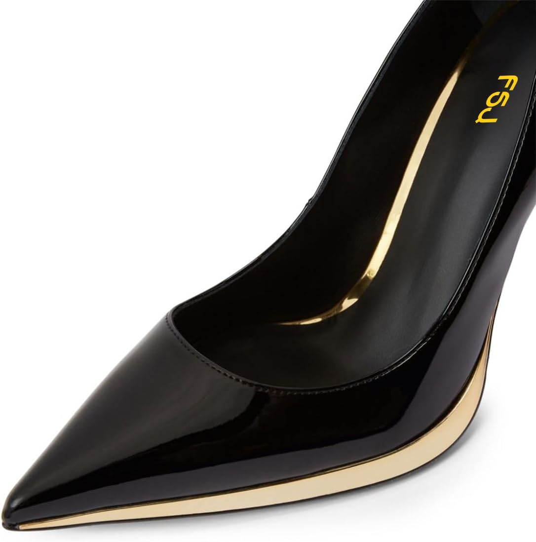 FSJ Women Chunky High Heels Pumps Closed Pointed Toe Slip On Golden Effect Metal Chain Heel Party Wedding Fashion Dress Shoes Size 4-16 US