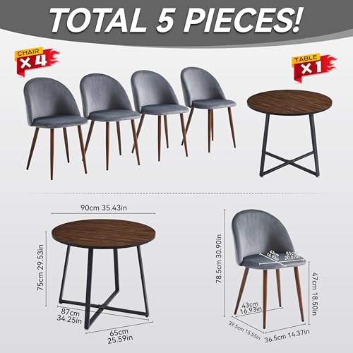 Image of 5-Piece Modern Round Dining Table Set, 35'' Wooden Table with 4 Velvet Upholstered Chairs, Compact Space-Saving Furniture for Small Apartments, Kitchens, and Dining Rooms (Brown Top, Gray)