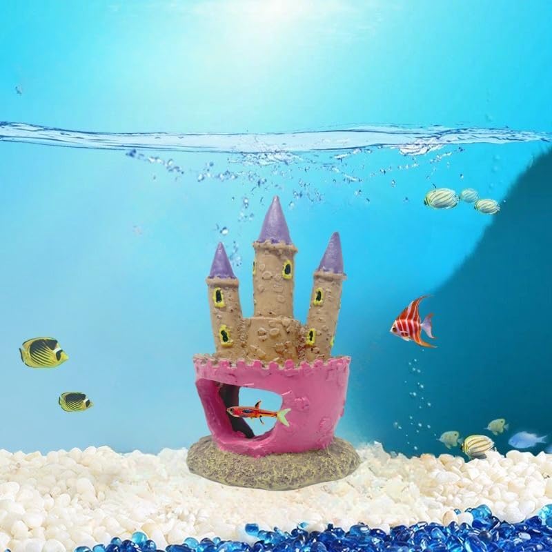 Image of Small Cartoon Aquarium Castle Decor, Mini Cute Pink Castle Hide Cave Hideouts for Small Fishes Shrimp Crab Fish Larvaes Cichlid, Princess Style Castles Statue Birthday Party Table Decor - 11 x 8 cm