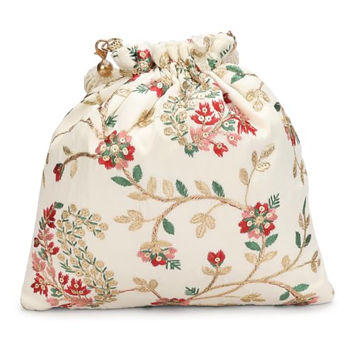 Image of LONGING TO BUY Indian Embroidered Pearl Potli Bag For Women, Sequence Design with Tassel, Wedding Potli Bags