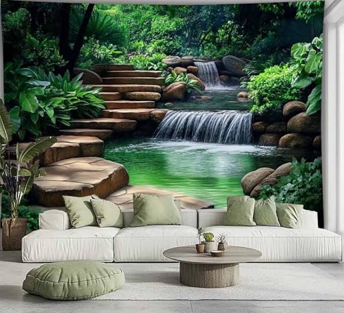 FENDROM Forest Garden Waterfall Tapestry Wall Hanging Mountain Rocks Flowing Water Scenery Green Plants Trees Beautiful Nature Wall Tapestries for Home Bedroom Living Room Dorm Decor