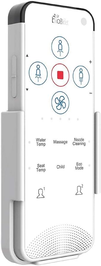 Close-up view of the Bio Bidet U770 remote control, showing various function buttons.