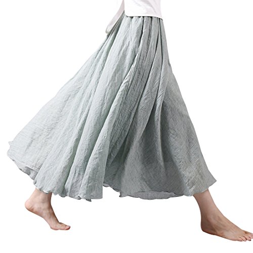 Kafeimali Women Bohemian Cotton Linen Double Layer Elastic Waist Long Maxi Skirt (MGR, 85CM-Length)