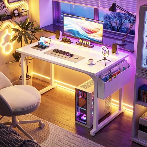 Image of DurayLoly 40 inch Computer Desk with Waterproof LED Lights,Bedroom Study Desk for Teens,Dorm Room Essentials,Headphone Hook&Storage Bag for Small Spaces,Sturdy Metal Frame,White