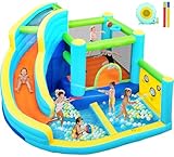 FBSPORT Inflatable Bounce House, Water Slide Park Slide Bouncer with Ball Shooting, Climbing Wall, Jumping and Splash Pool, Kids Bouncy Castle with 450W Air Blower for Outdoor Backyard