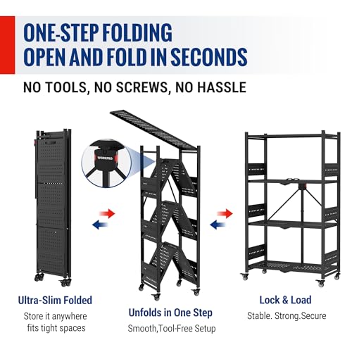 Image of WORKPRO 4-Tier Folding Shelf, No-Assembly Metal Storage Rack with Wheels, 600 lbs Capacity (with Leveling Feet), Collapsible Shelving Unit for Kitchen, Pantry, Bathroom & Closet Organization