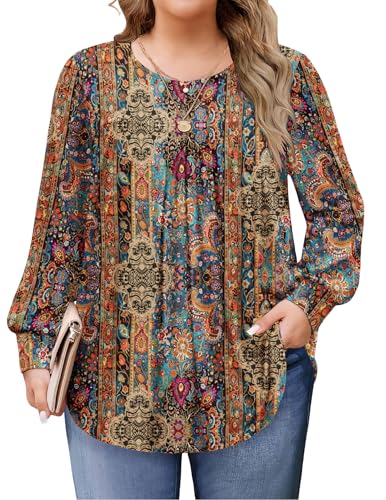IN'VOLAND Womens Plus Size Tops Long Sleeve Shirts Crew Neck Flowy Tunic Fall Casual Loose Blouse 1X-5X