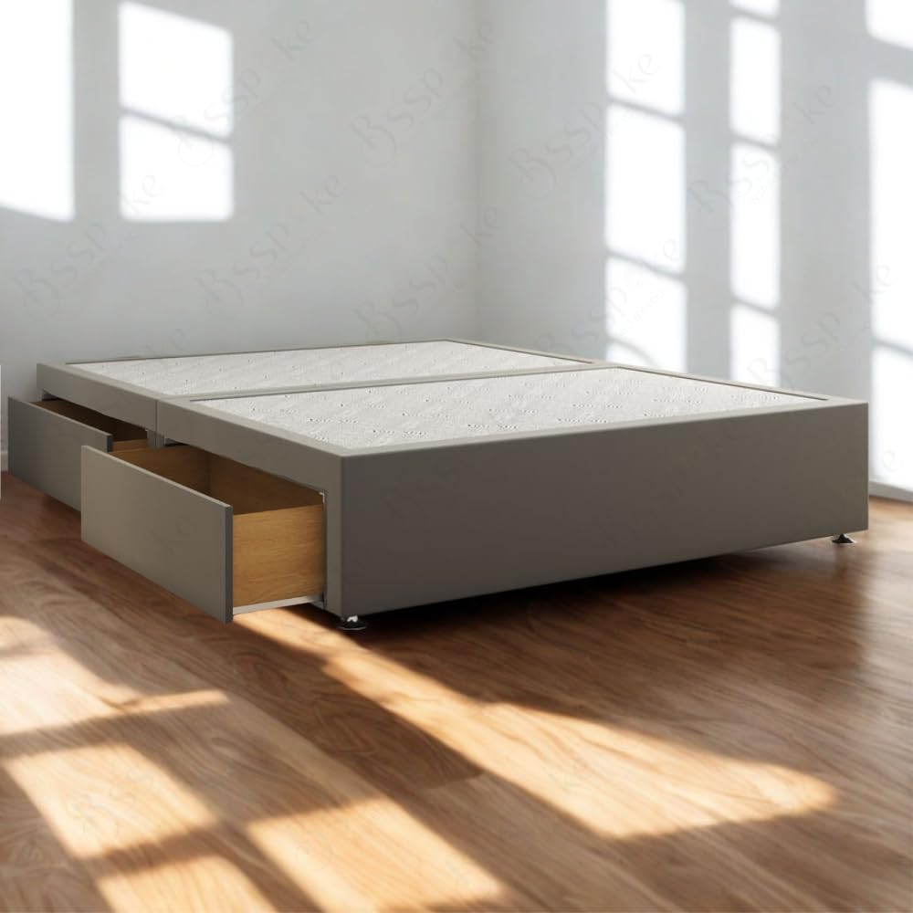 BSSPOKE Hard Divan Bed Base with 2 or 4 Storage Drawers Plush Velvet Upholstered Platform UK Handmade Bed Base (Grey Plsuh, 3ft Single (with 2 Drawers))