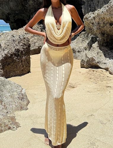 Image of ZAFUL Women's 3 Piece Floral Swimsuit Draped Neck Halter Bikini Tie Side Bathing Suit with Sheer Cover Up Skirt