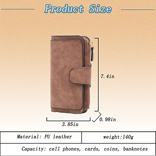 Long Wallet for Women, Women Bifold Wallet, Large Trifold Clutch Wallet for Women Extra Capacity, Medium Size Fashion Pu Leather Wallet (Brown)2
