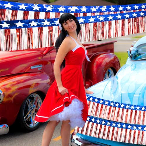 Image of 4th of July Decorations 4 Pack 40Ft Tinsel Foil Fringe Garland Streamers Hanging Red White Blue Fringe Backdrop Banner for Parade Floats Decor 4th of July America Patriotic Day Memorial Day