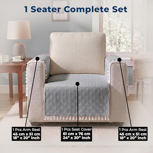 Image of Story@Home Quilted Anti Slip Sofa Cover Mat with 2 Armrest Cover, 1 Seater Velvet Sofa Protector with Tassels | Sofa Cover Mat for 1 /2 /3 Seater & L-Shape Sofa - 76 x 61 Cm - Navy Blue & White