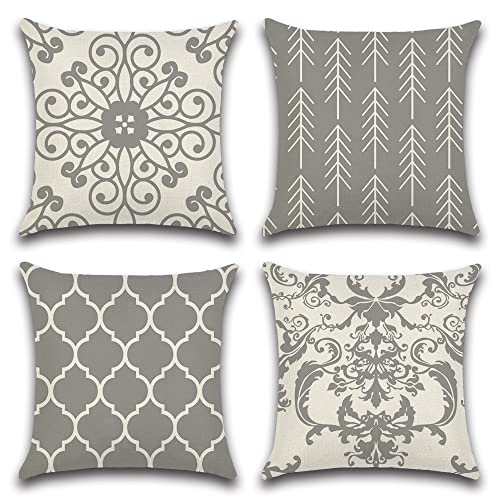 CLVEDU 4Pack Throw Pillow Covers 18x18 in Linen Fabric Cushion Covers Grey Throw Pillows for Couch Decorative Throw Pillow Cases Accent Pillow Covers for Home Bed Couch Sofa Car (Style1)