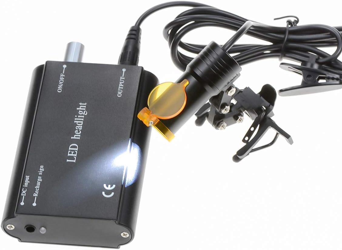 Ocean Aquarius 5W Dental Medical Portable LED Headlight Iron Frame Clip On LED light with Filter +Latest Type Plastic Plug-in Battery (Black)