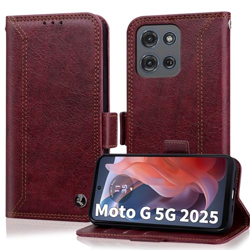 Étui portefeuille Motorola Moto G 5G 2025 rouge vin en simili cuir avec clapet