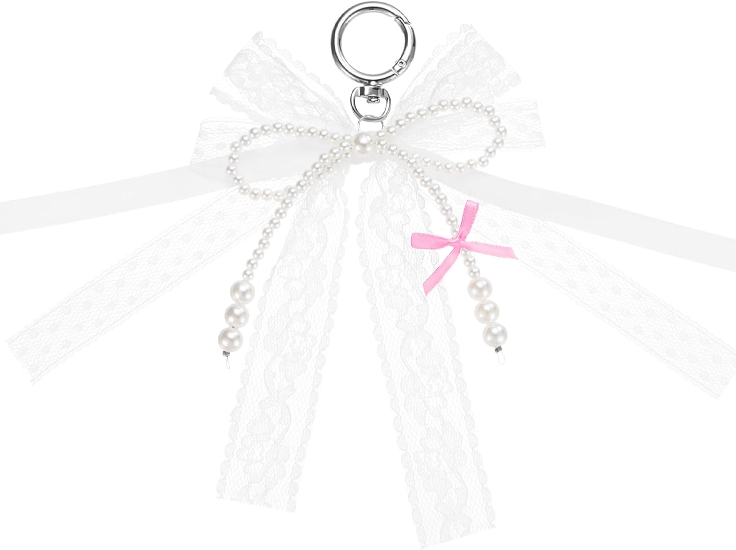 MECCANIXITY Pearl Bow Keychain, Y2k Aesthetic Keychains Imitation Pearl Lace Bowknot Keyring for Women Handbag Charm