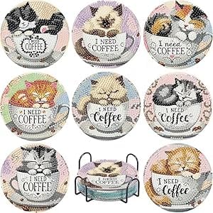 ZPSOSPZ 8Pcs Diamond Art Painting Coasters Kit for Adults–Summer Beach Drinks Coffee Cup Coasters with Holder,5D Gem Dots Painting Craft Set with Cork Backing,Creative Activity Home Decor (Cute Cat)