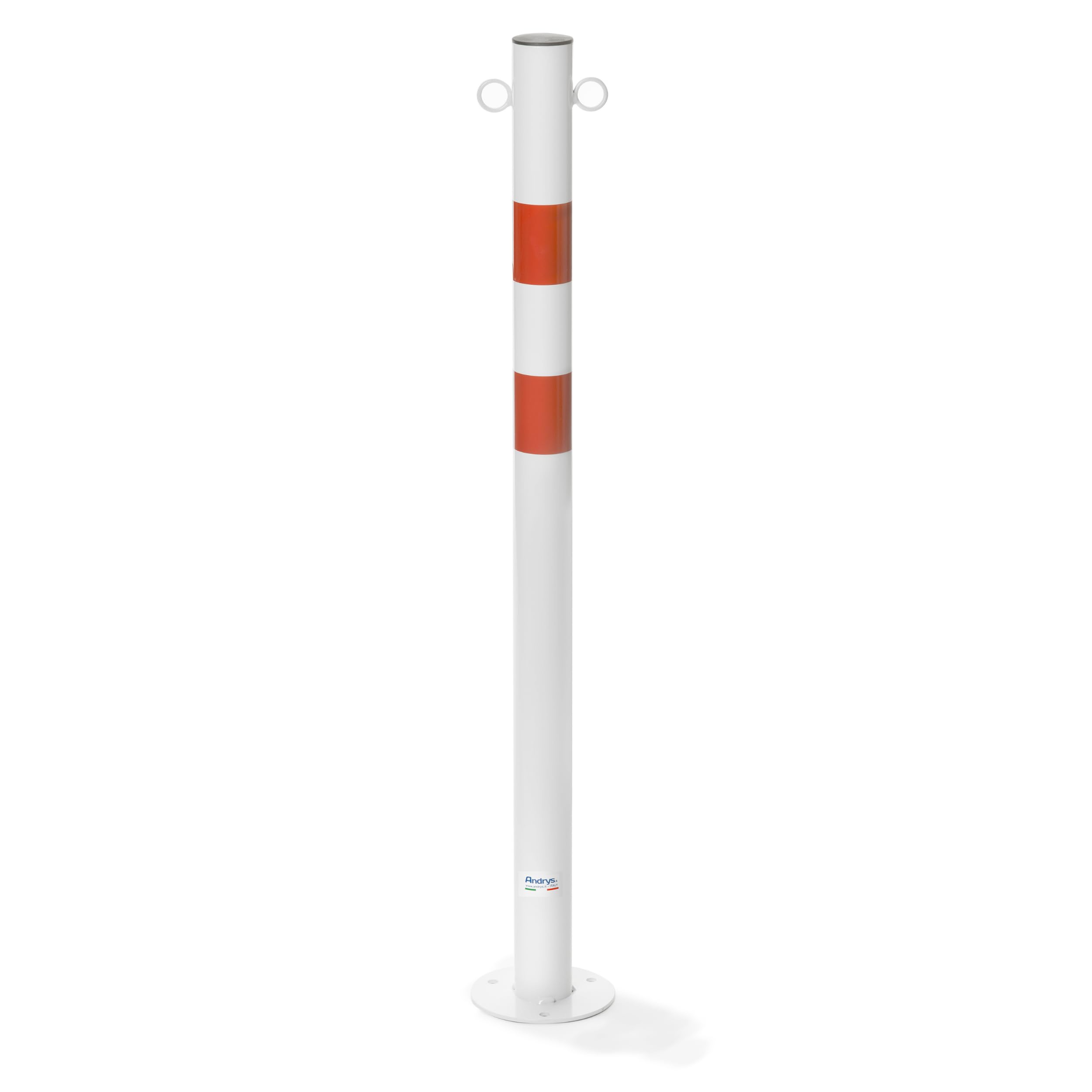 ANDRYS Paletto Parapedonale in Acciaio Verniciato Bianco, con Piastra per Tassellatura, Strisce Rosse Catarifrangenti e Anelli per Catena, 6x6x100 cm
