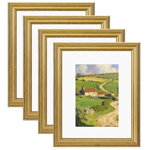 Image of eletecpro 8x10 Gold Picture Frames Set of 4, Vintage Photo Frames with Clear Acrylic Cover, Gallery Wall Art Display 5x7 Photo with Mat or 8x10 without Mat for Tabletop and Wall Mount, Home Decor