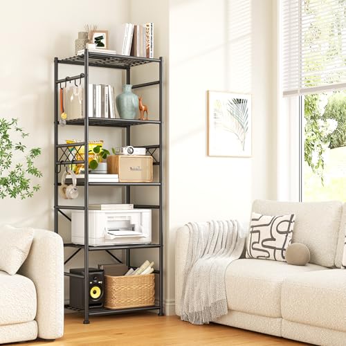 Image of DurayLoly 5-Tier Storage Shelves,Sturdy Metal Shelving Unit with Hooks,Wobble-Free Storage Rack with Leveling Feet,Slim Standing Shelf Organizer for Garage Kitchen Pantry,17.7 inchWx11.8 inchD x58.3 inchH,Black