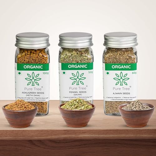 Image of Pure Tree Certified Organic Ajwain 60g, Methi Seeds 100g, Saunf 50g | Glass Jar | Carom, Fenugreek & Fennel | Whole Seeds Vaamu, Methi dana, Variyali Spice Combo Pack