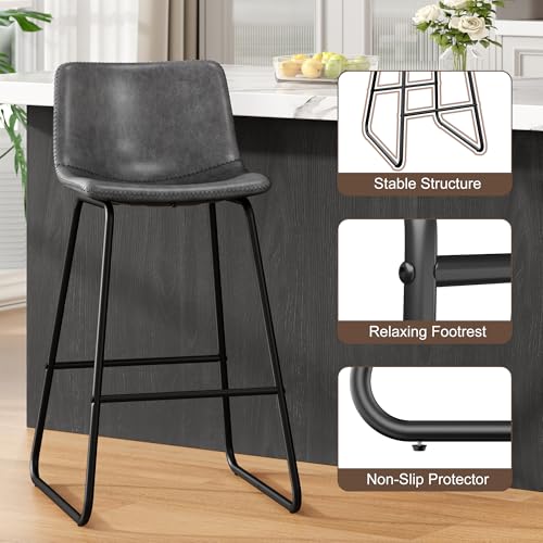 Image of REONEY Bar Stools Set of 3, 26 inch Urban Faux Leather Counter Stools, Grey