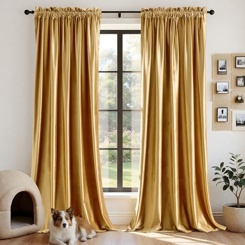 PRIMROSE Velvet Curtains Gold Luxury Elegant Curtain Thermal Insulated Soundproof Room Darkening Window Curtain Drapes for Living Room Bedroom Rod Pocket 84 Inches Set of 2