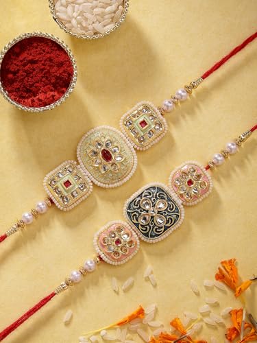 Image of Sukkhi Rakhi Traditional Kundan & Pearls Designer Meenakari Gold Plated Premium Rakhi for Brother with Roli Chawal & Greeting Card | Rakhi for Brother /Bhaiya /Bhai /Men|Rakhi Combo-Set of 2