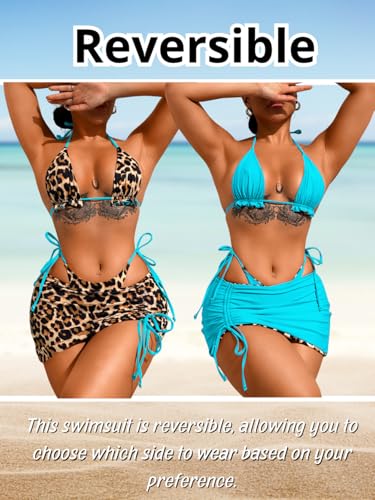 Image of ShawGobow Womens 3 Piece Leopard Bikini Set,Triangle String High Cut Thong Sexy Swimsuit & Coverup Skirt,Pool Party Outfit
