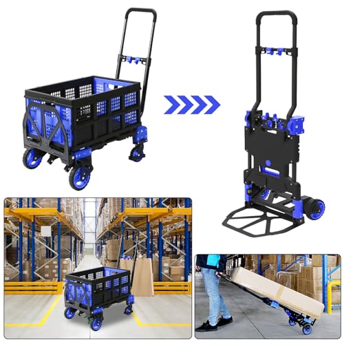 2 in 1 Folding Hand Truck with Folding Basket,Heavy Duty Hand Truck Dolly 330lbs Capacity with Telescoping Handle and Rubber Wheels,Portable Dolly Cart with Bungee Cords for Moving