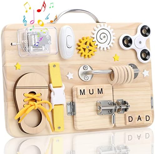 Wooden Busy Board for Toddlers, Handmade Montessori Sensory Toys Acitivity Travel Board for Early Development and Autism, Preschool Educational Gifts with Basic Life Skills Fine Motor Skills