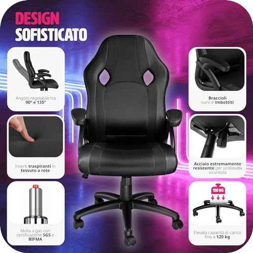 ® Sedia da Ufficio Ergonomica, Poltrona Gaming con Altezza Regolabile, Struttura Robusta, Rotazione a 360 Gradi, Meccanismo Basculante, 5 Rotelle Doppie - Nero - Sedia gaming - Immagine 7