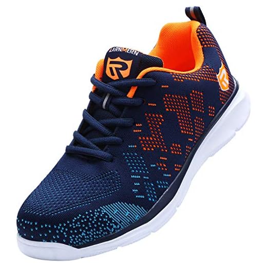 Zapatillas de Seguridad Mujer/Hombre DY-112, Zapatos de Trabajo con Punta de Acero Ultra Liviano Suave y cómodo Transpirable, Naranja Azul, 43 EU