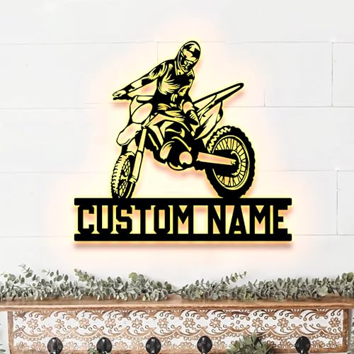 Image of Custom Motorcycle Dirt Bike Metal Wall With LEDLight, Custom Motorbike Name, Gift For Motorcycle Lovers, Wall Hanging, Home Decor, Birthday Xmas Gift