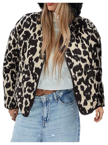 SHENHE Womens Oversized Quilted Puffer Jacket Leopard Print Snap Button Lightweight Outerwear Coat Black Small