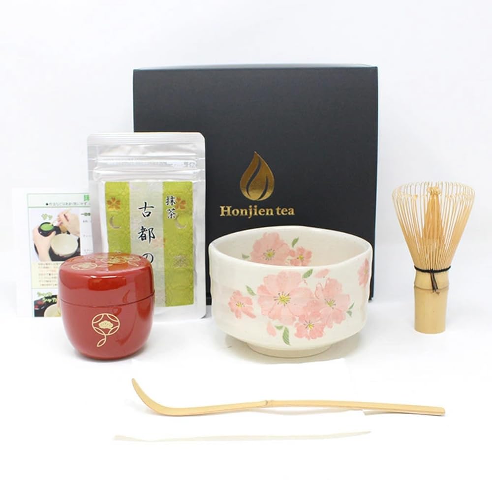 Honjien Matcha Set For Beginners Authentic Trial 6-Piece Set Tea Ceremony Tools z/La/ No. 152 Light Pink Cherry (Natsume Vermillion) Gift Present : Food, Beverages & Alcohol