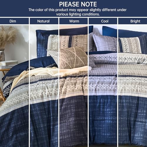 Image of Dintszyayue Blue King Comforter Size Set, 8 Pieces Boho Grey Striped Texture Bed in a Bag Sets, Lightweight Soft Bohemian Comforter and Sheet Set, All Season Microfiber Bedding Sets for Men Women