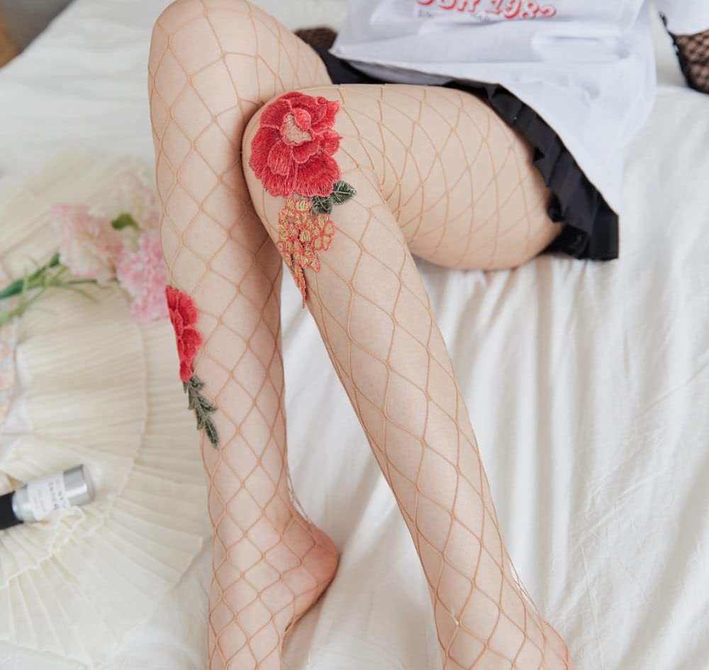 Damskie pończochy kabaretki-pończochy damskie Sexy Hollow Rose Hafty Skarpetki do sieci rybackiej Rajstopy z wysokim stanem Sexy Fashion Bielizna damska z dżinsami (skóra)