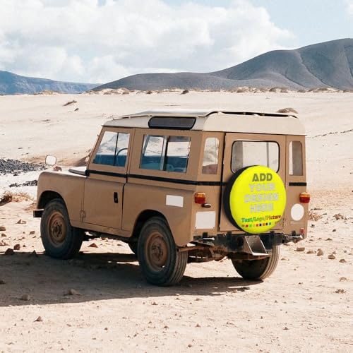 Image of Custom Spare Tire Cover, Personalized Text Image Waterproof Dust-Proof Universal Wheel Covers Protectors Fits Tire for Trailer RV SUV Truck Camper, Yellow