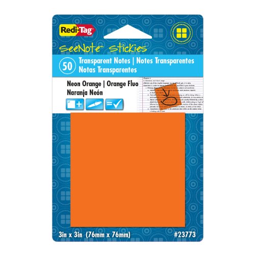 Image of Redi-Tag SeeNote Stickies Transparent Sticky Notes, 50-Pack, 3 x 3 Inches, Neon Orange (23773)