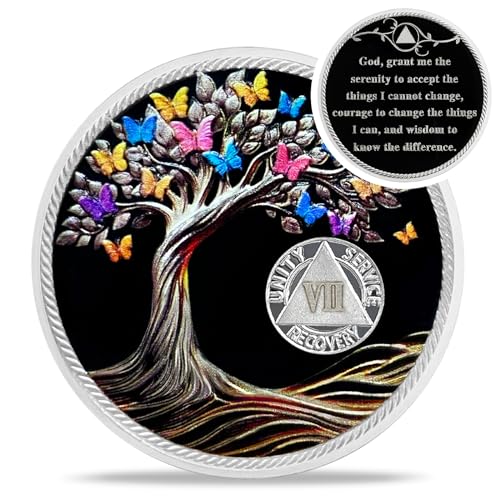 delicate 7 year sobriety coin - recovery butterfly tree of life aa coins - seven year na ha aa chips and medallions - 1-62 years living clean narcotics alcoholics anonymous gifts for men women